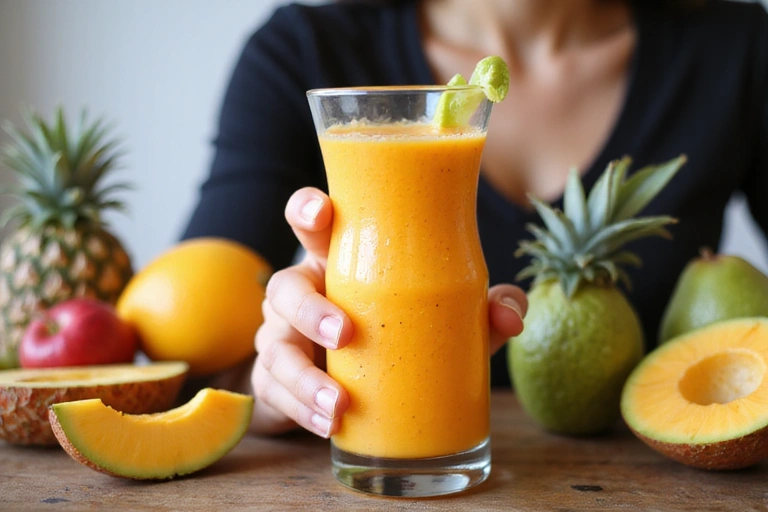 A person enjoying a colorful, healthy fruit smoothie with fresh tropical fruits in the background, conveying vitality and natural goodness.