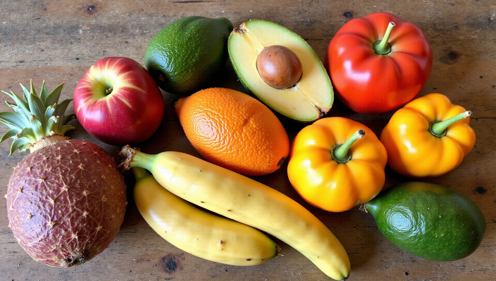 Vibrant assortment of tropical fruits and fresh, healthy produce spread across a rustic wooden table under soft, natural light, symbolizing health and nutrition.